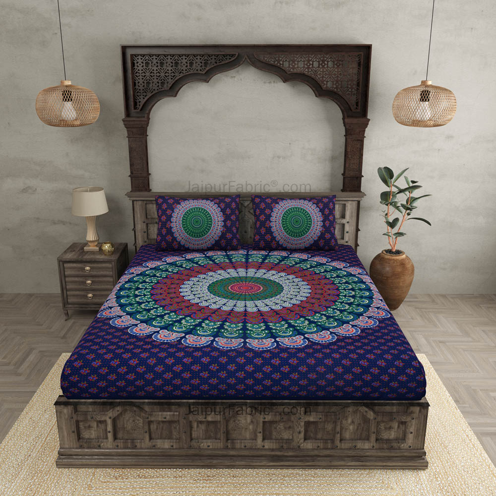 Indigo Blue Mandala Bedsheet Tapestry Floral Print With 2 Pillow Covers