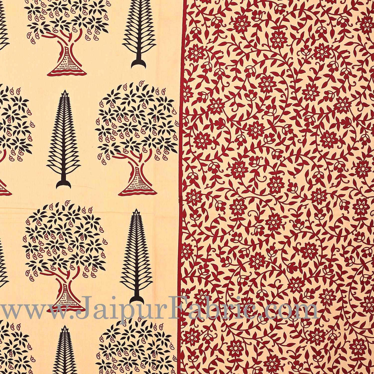 Maroon Border Cream Base  Small Tree Pattern In  Bagru Print Cotton Double Bedsheet