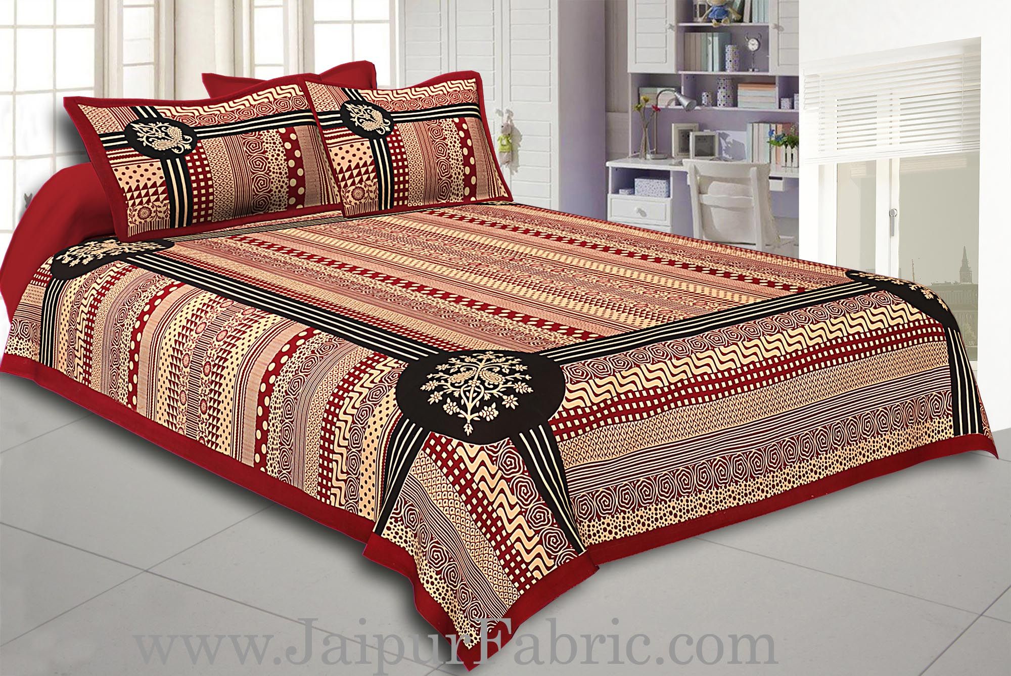 Maroon Border Cream Base  Rectangle Pattern With Black Lining In  Bagru Print Cotton Double Bedsheet