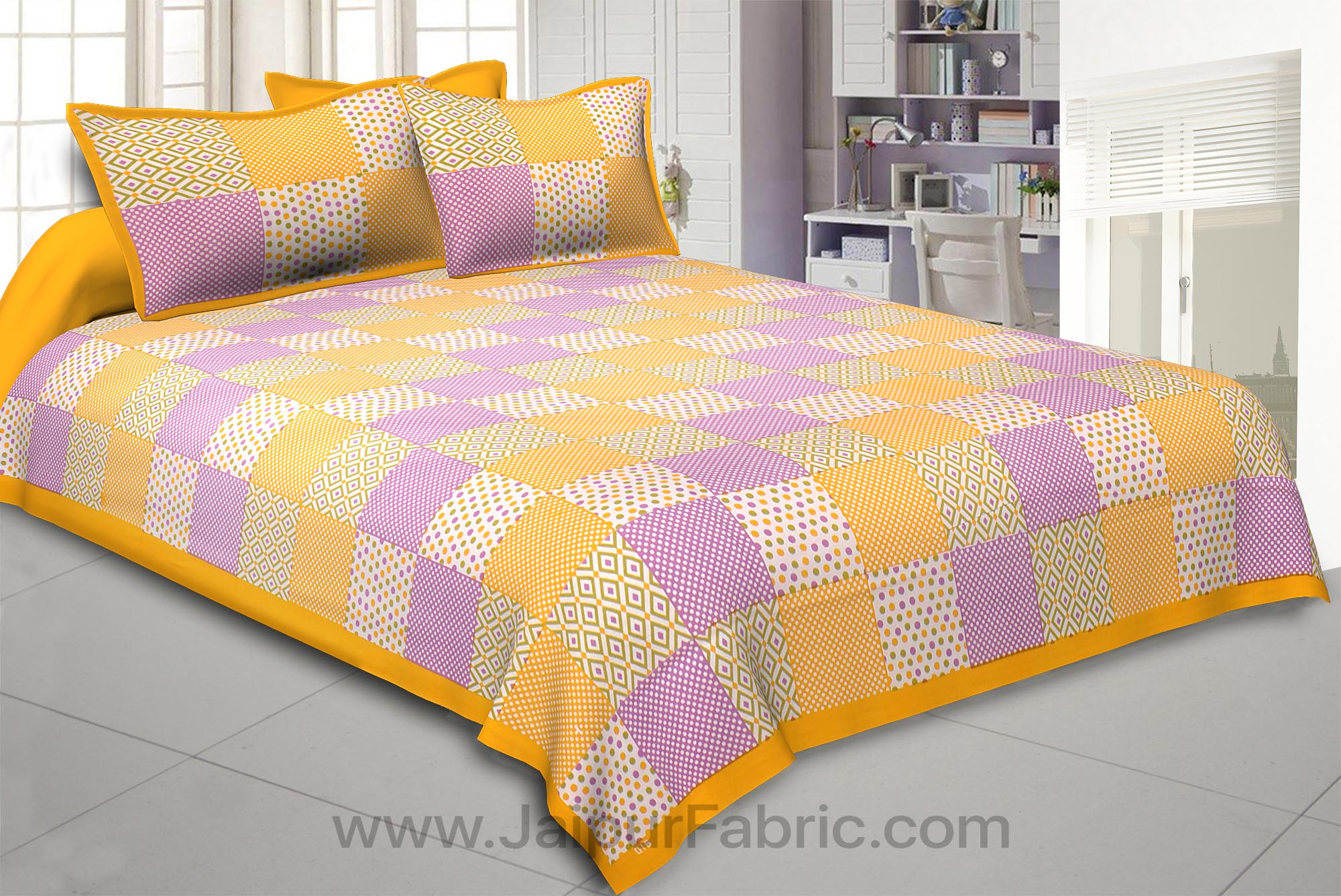 Yellow Polka Checks Double Bedsheet