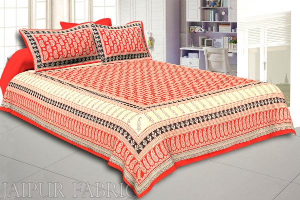 Orange And Cream Border With Long Leaf Pattern Double Bed Sheet With 2 Pillow Cover