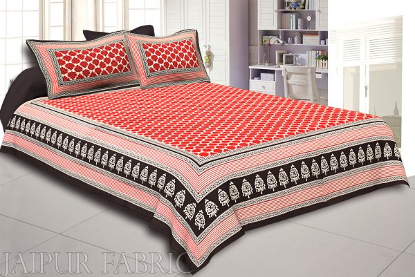 Black Border Red Base Flower Print Super Fine Cotton Double Bedsheet