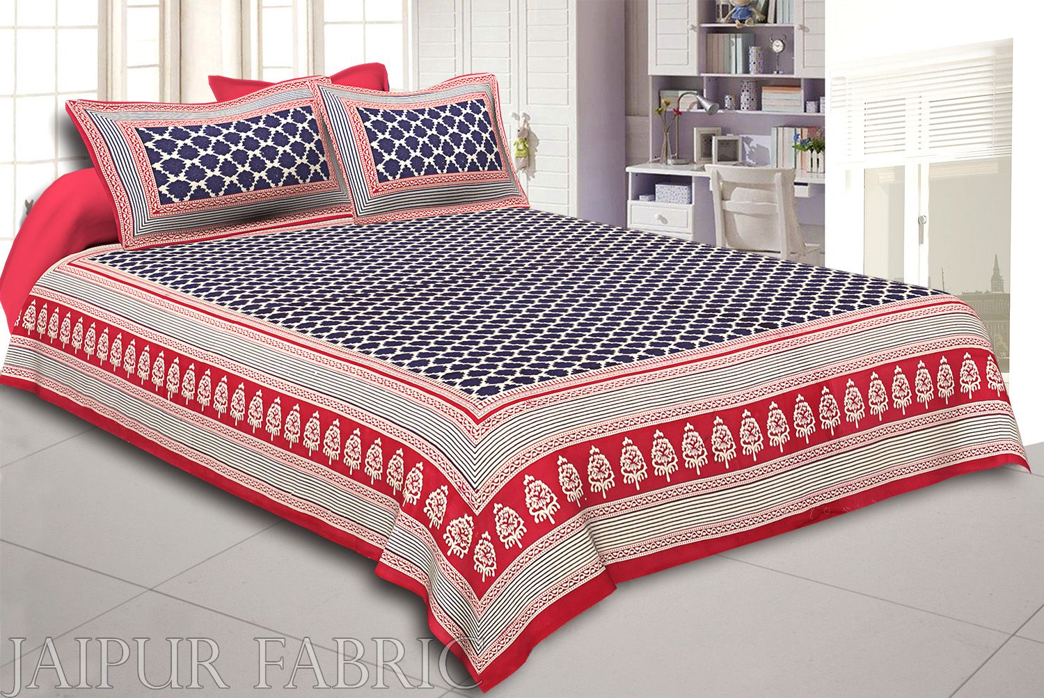Red Border With Red And Cream Linning Cream Base Flower Super Fine Cotton Double Bed Shet