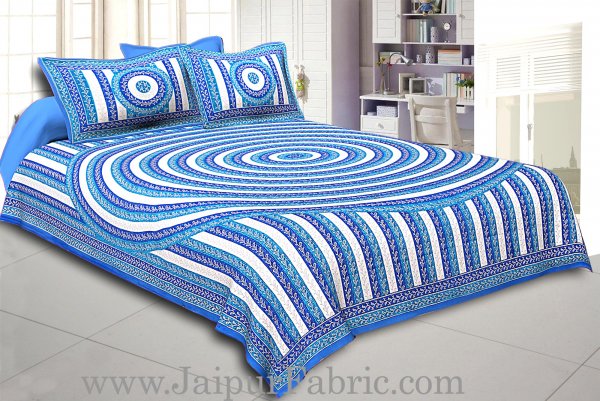 Blue Border Cream Base Circle Pattern With Silver Print Super Fine Cotton Doube Bed Sheet