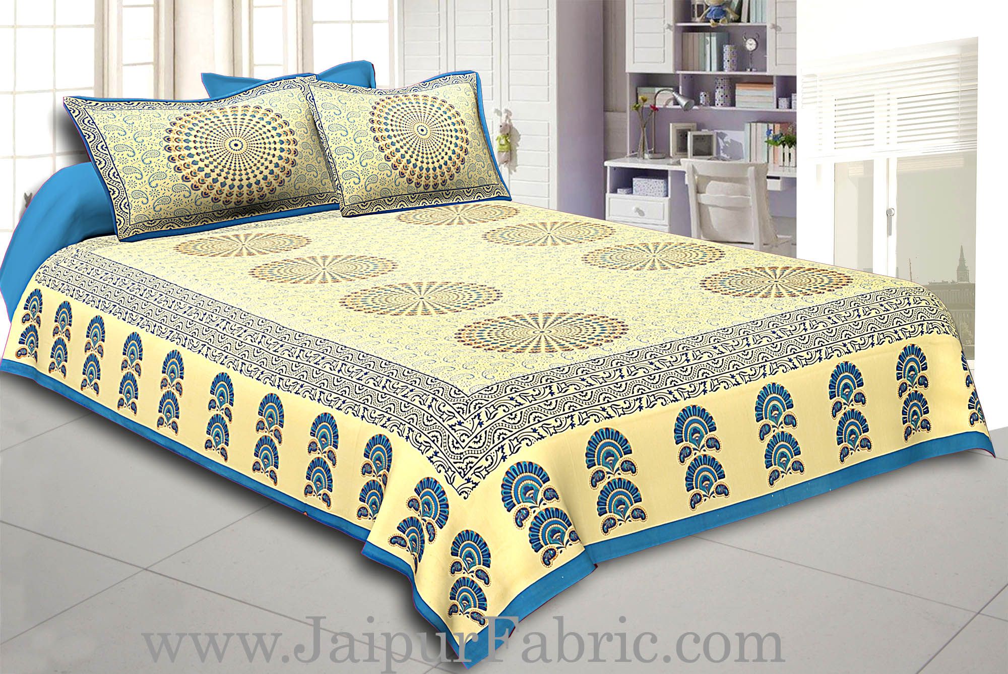 Blue Border Cream Base Rangoli Pattern With Golden Print Super Fine Cotton Double  Bed Sheet