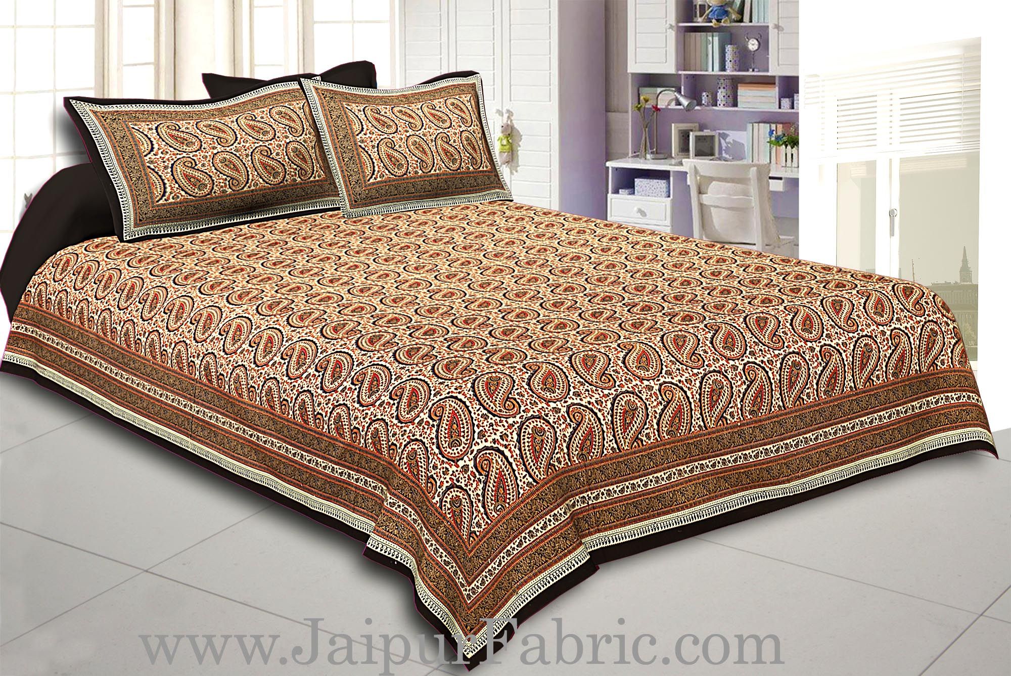 Black Border Cream Base Maroon & Blue  Paisley Pattern With Golden Print Super Fine Cotton Double Bed Sheet