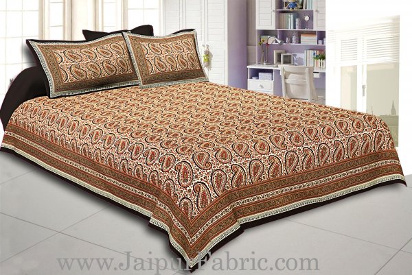 Black Border Cream Base Maroon &amp; Blue  Paisley Pattern With Golden Print Super Fine Cotton Double Bed Sheet
