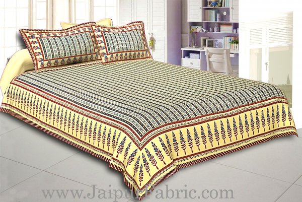 Multi Colored Border Cream Base With Blue Strip Pattern With Golden Print Super Fine Cotton Double Bed Sheet