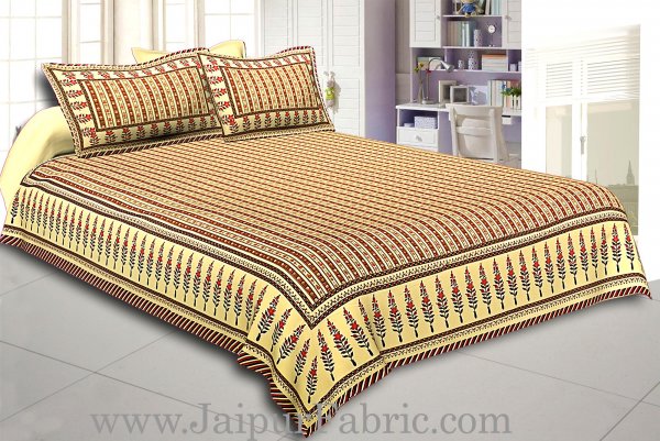 Multi Colored Border Cream Base With Maroon Strip Pattern With Golden Print Super Fine Cotton  Double Bed Sheet