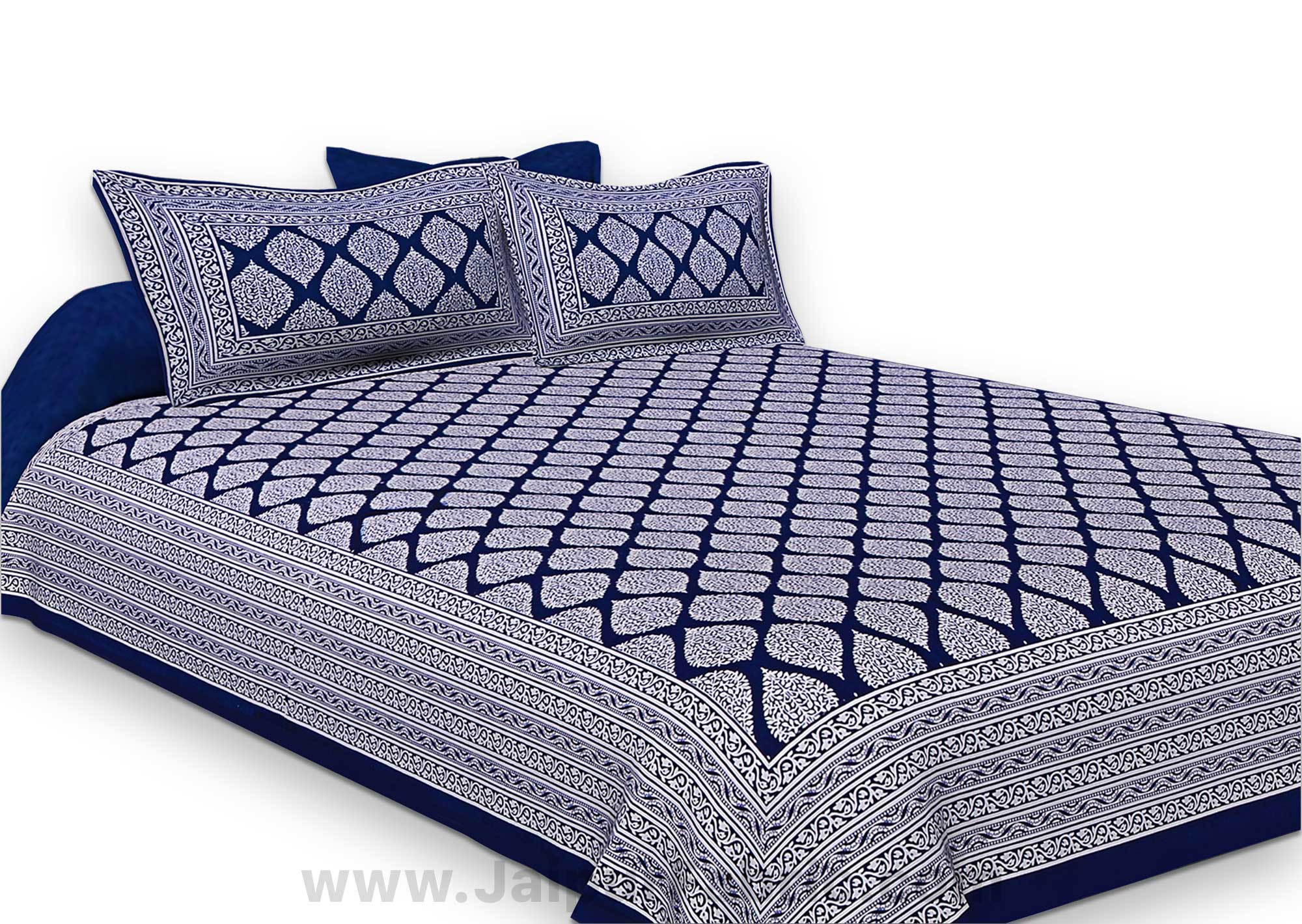 Navy Blue Border White  Base Lahariya Print Super Fine Cotton Double Bedsheet