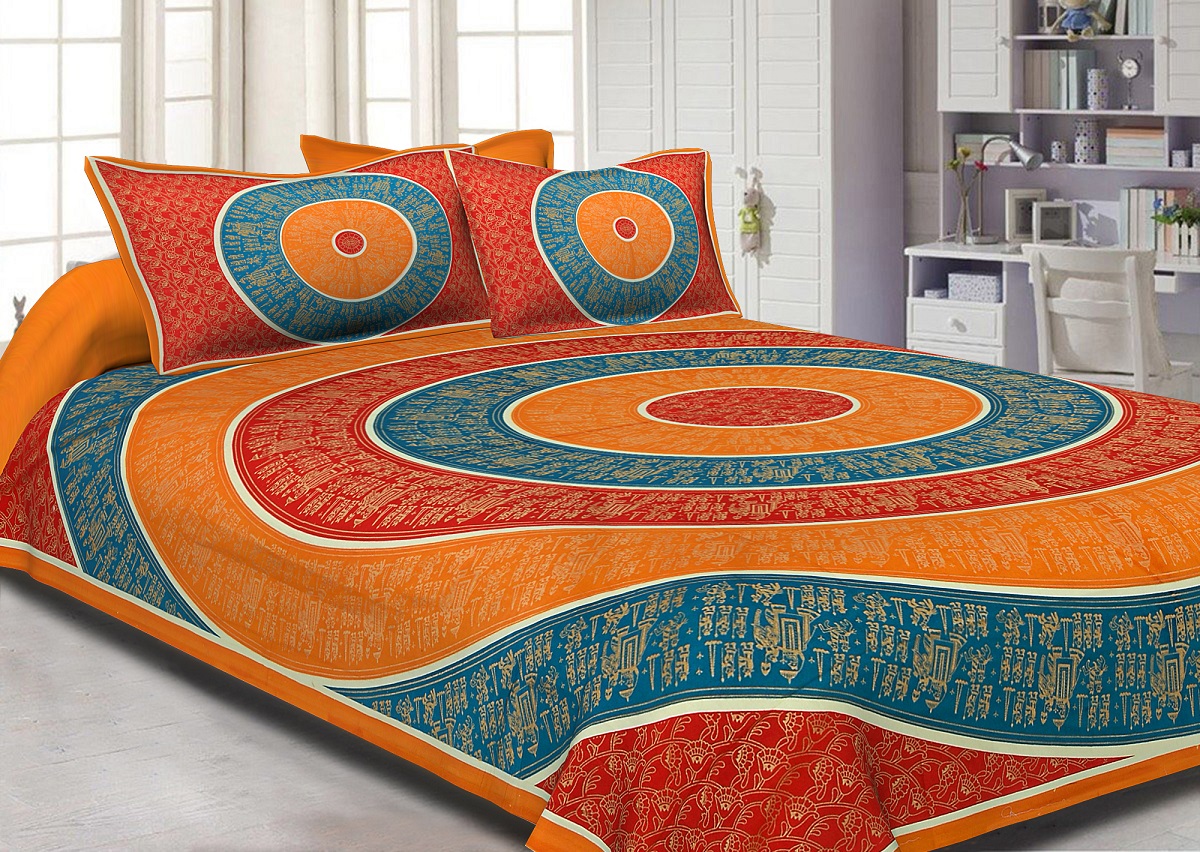 Orange Border Golden Barat In Circle Pattern Super Fine Cotton Double Bedsheet