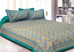 Rama Green Border Small Designer Checks Golden Print  Super Fine Cotton Double Bedsheet