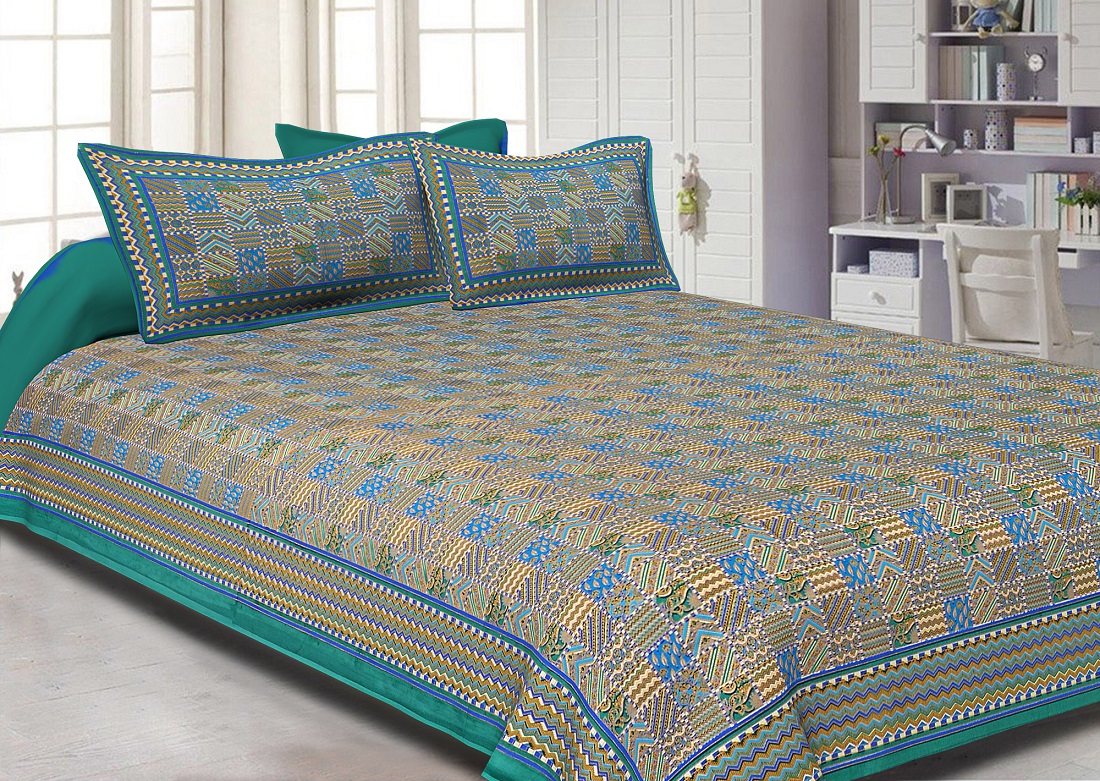 Rama Green Border Small Designer Checks Golden Print  Super Fine Cotton Double Bedsheet