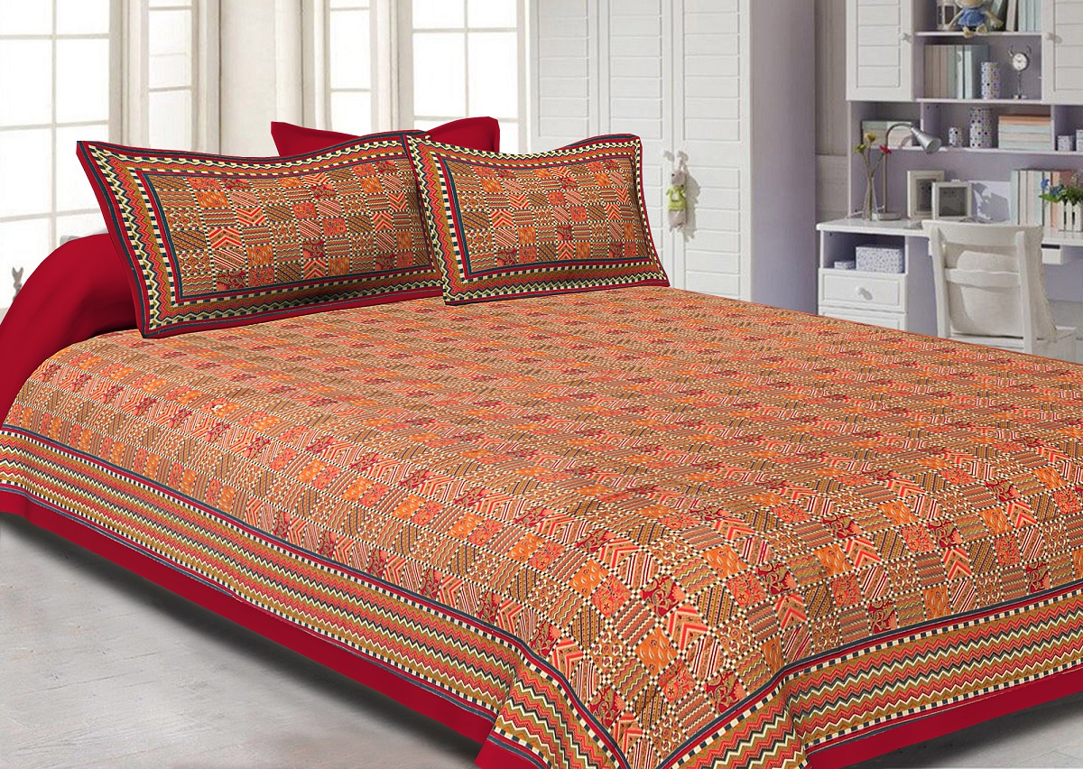 Maroon Border Small Designer Checks Golden Print  Super Fine Cotton Double Bedsheet
