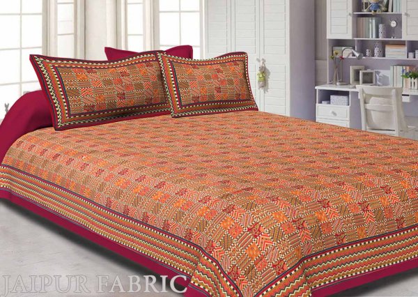 Maroon Border Small Designer Checks Golden Print  Super Fine Cotton Double Bedsheet
