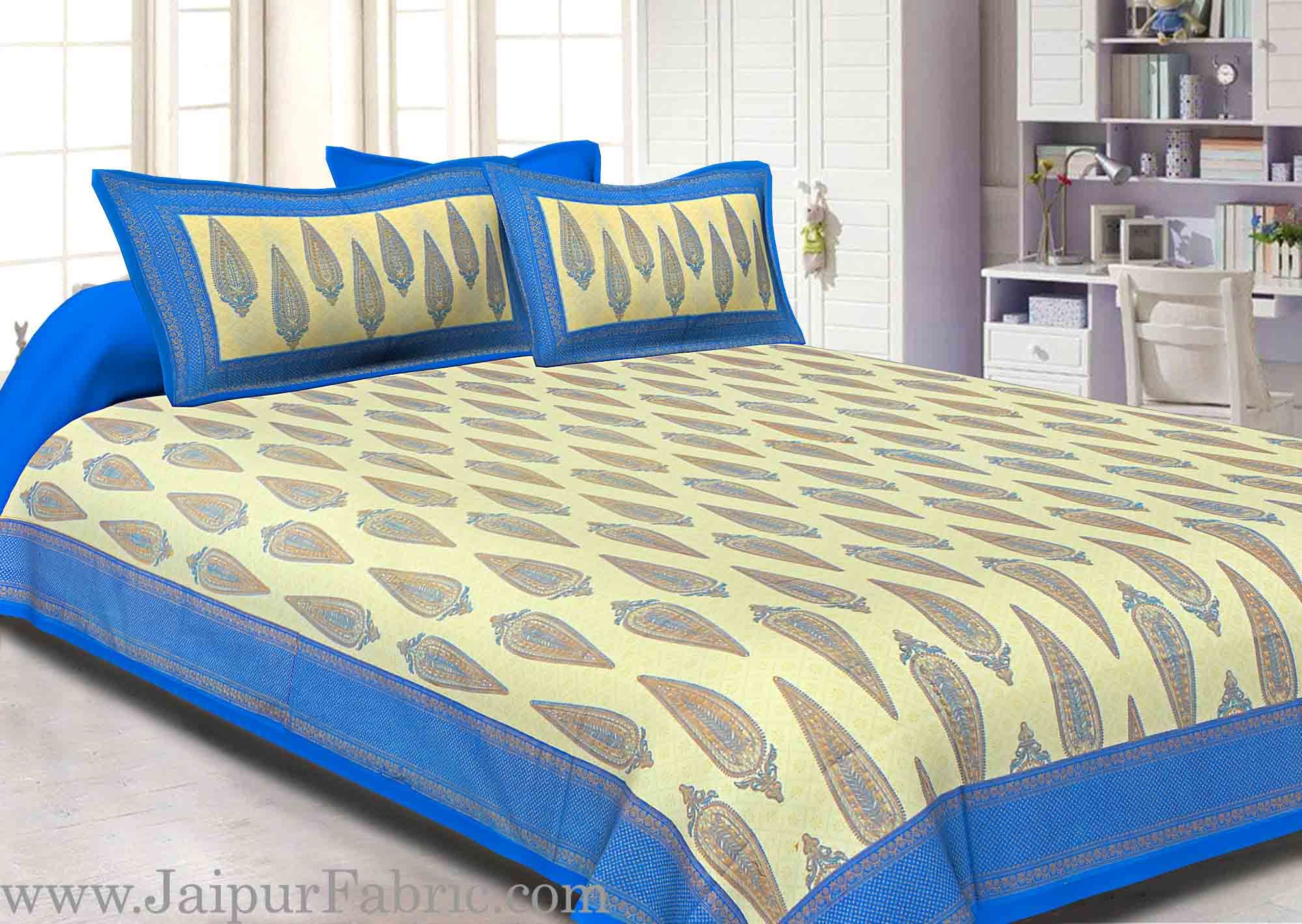 King Size Bedsheet Blue Border Golden Paisley Print With Two Pillow Cover
