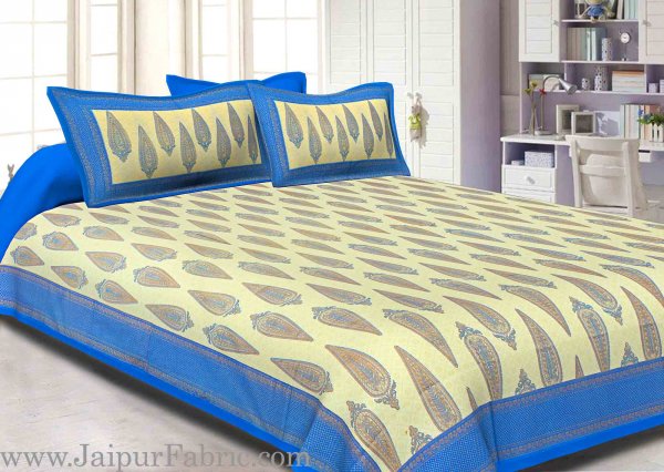 King Size Bedsheet Blue Border Golden Paisley Print With Two Pillow Cover