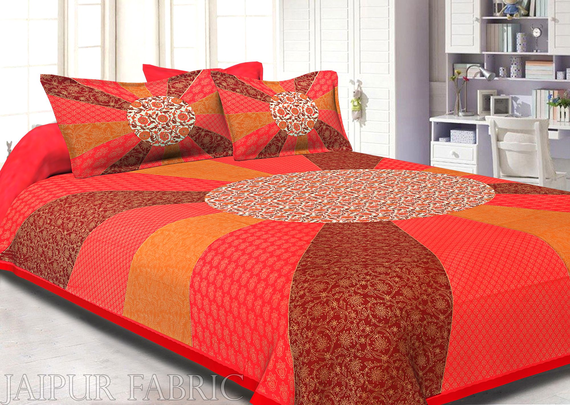 Radish Orange Border Cream Circle Flower And chakri Pattern With Golden Print Super Fine  Cotton Double Bedsheet