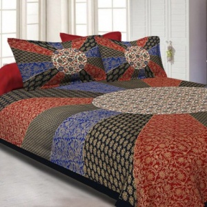 Black Border Cream Circle Flower And chakri Pattern With  Golden Print Super Fine Cotton Double Bedsheet