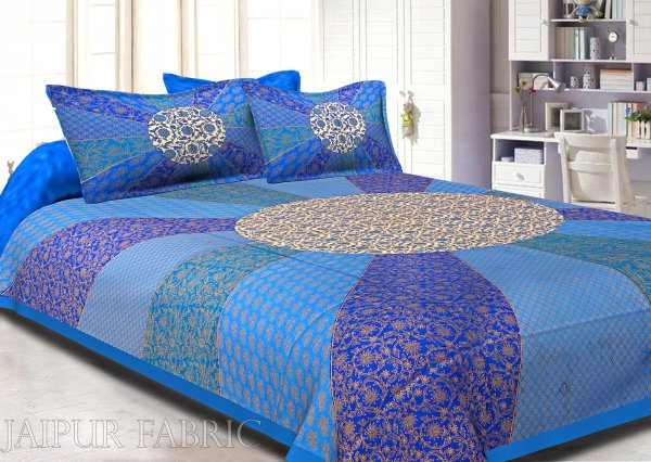 Firozi Border Cream Circle Flower And chakri Pattern With Golden Print Super Fine Cotton Double Bedsheet