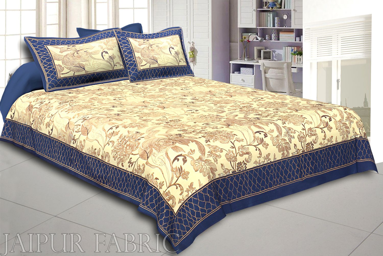 Navy Blue Border With Cream Base Golden Pattern Super Fine Cotton Double Bedsheet