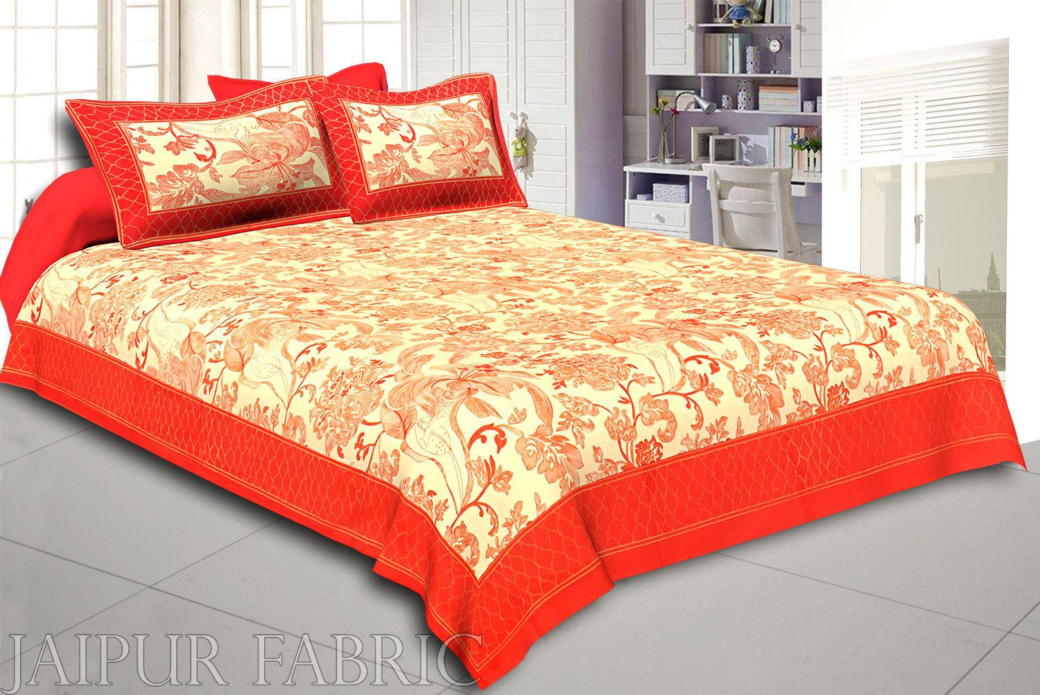 Orange Border With Cream Base Golden Pattern Super Fine Cotton  Double Bedsheet