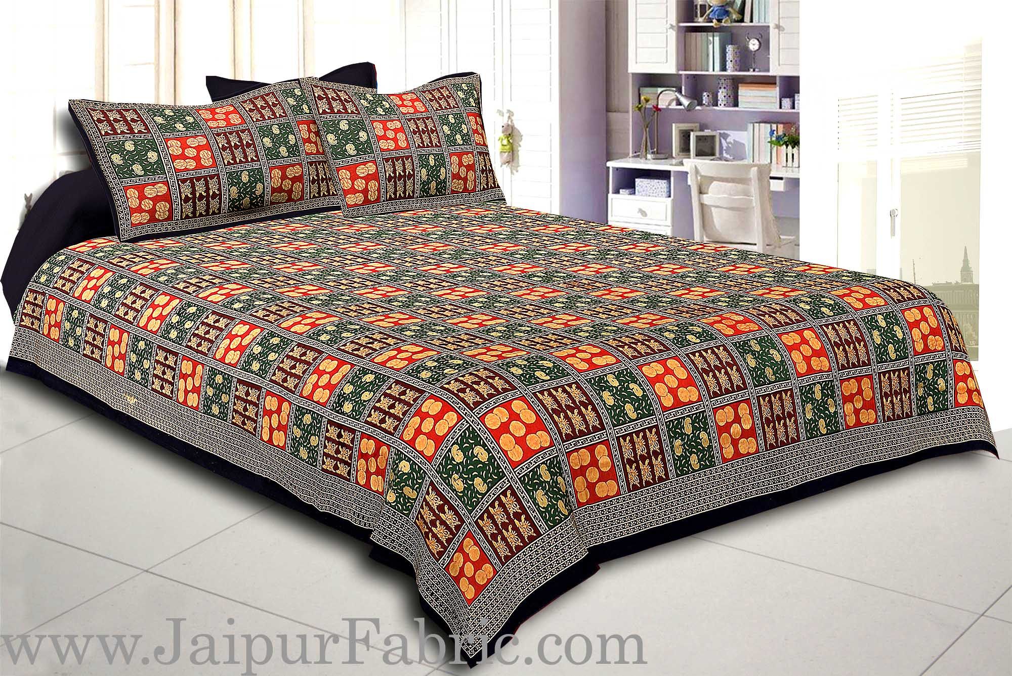 Black Border With Maroon Green And Red Check With Elephant Pattern Golden Print Super Fine  Cotton Double Bedsheet