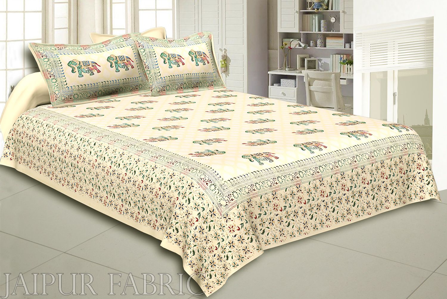 Cream Base Satrangi Gold Print With Elephant Super Fine Cotton Double Bedsheet