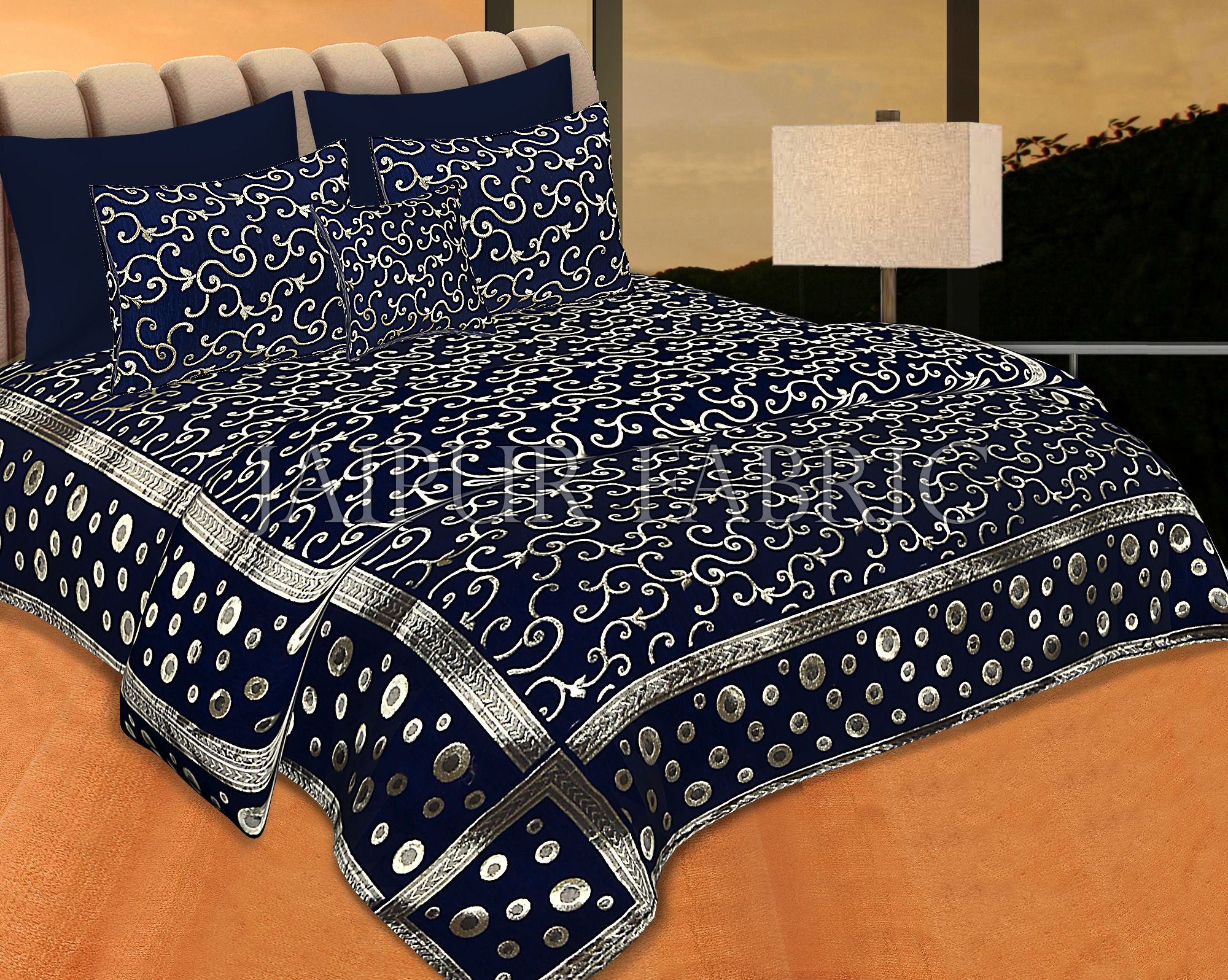 Navy Blue Color Tropical Design Festive Double Bed Sheet