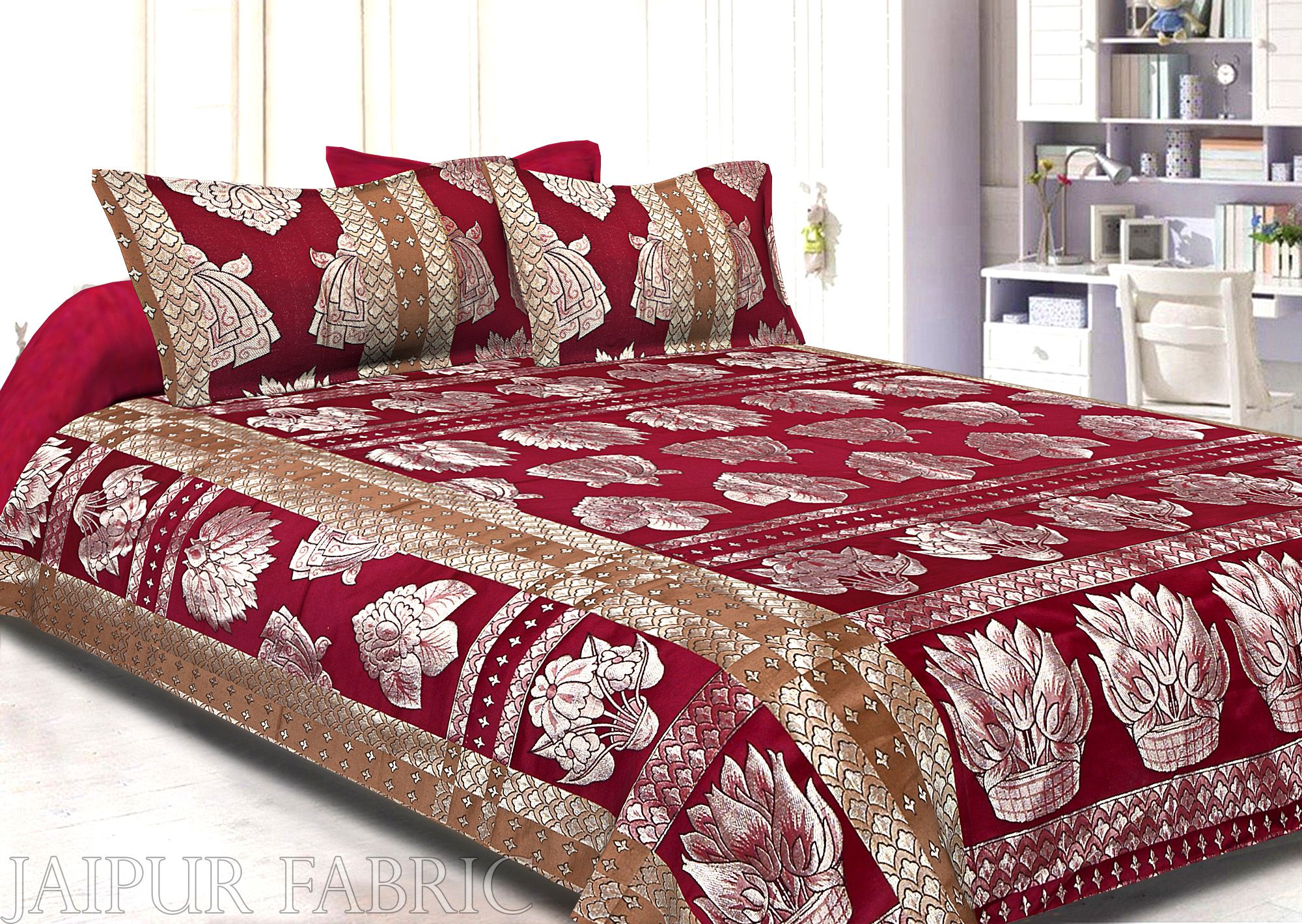 Maroon Base Golden Silk Gamla Pattern Silk Double Bedsheet