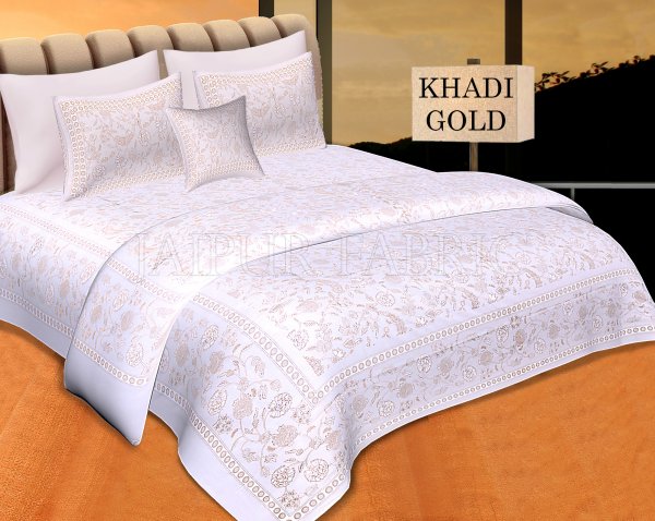 White Base With Golden Floral hand Block Print Double Cotton Bed Sheet