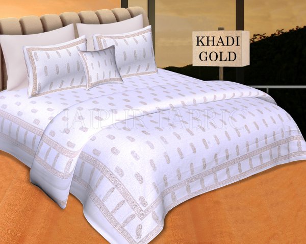 White Base With Golden Keri Hand Block Print Double Cotton Bed Sheet