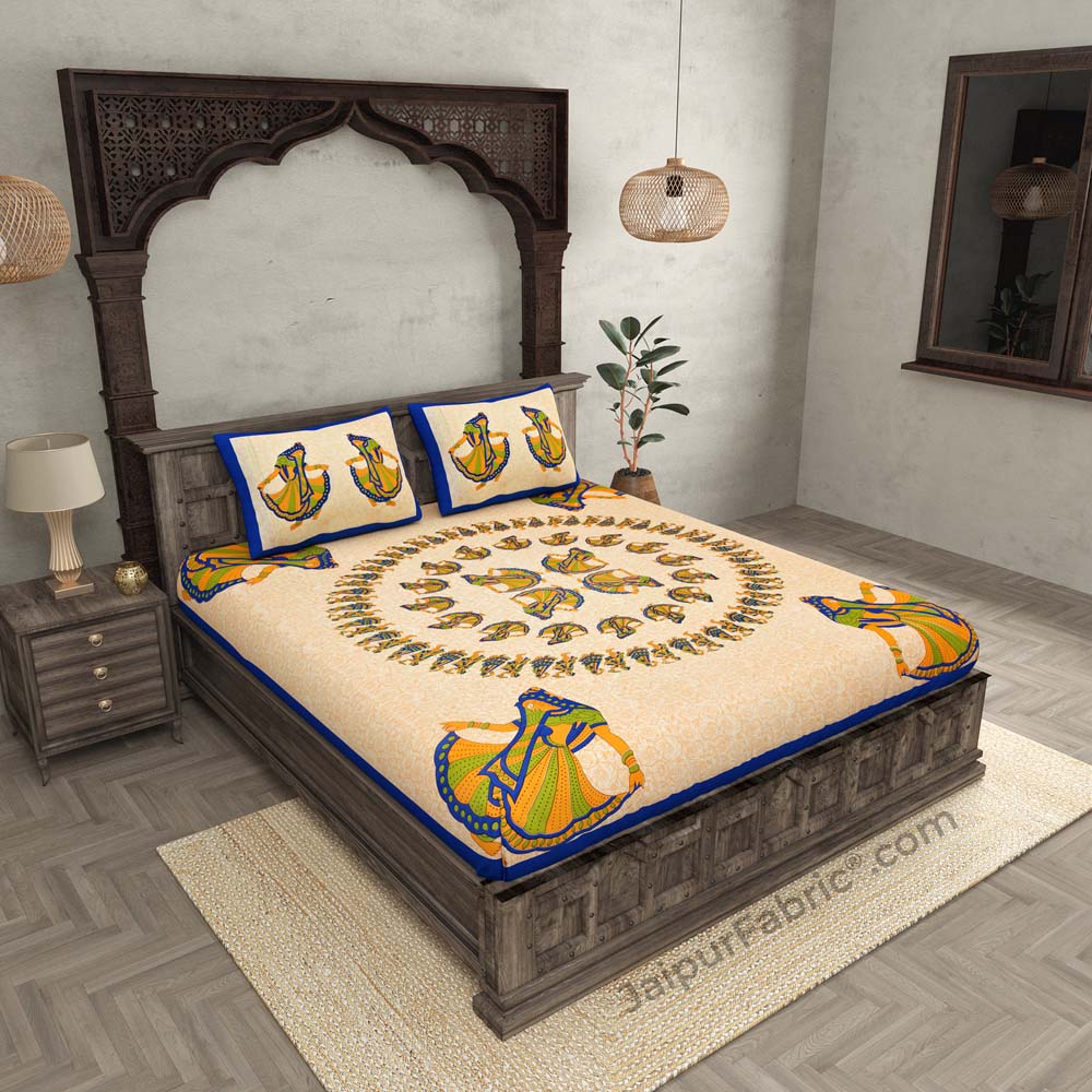 Double Bedsheet Blue Rajasthani Gujri Dance Cotton