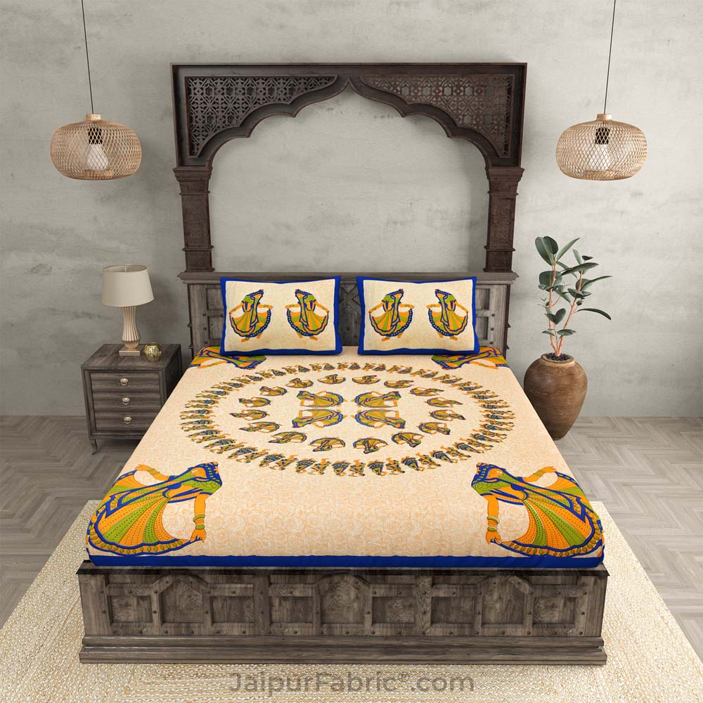 Double Bedsheet Blue Rajasthani Gujri Dance Cotton
