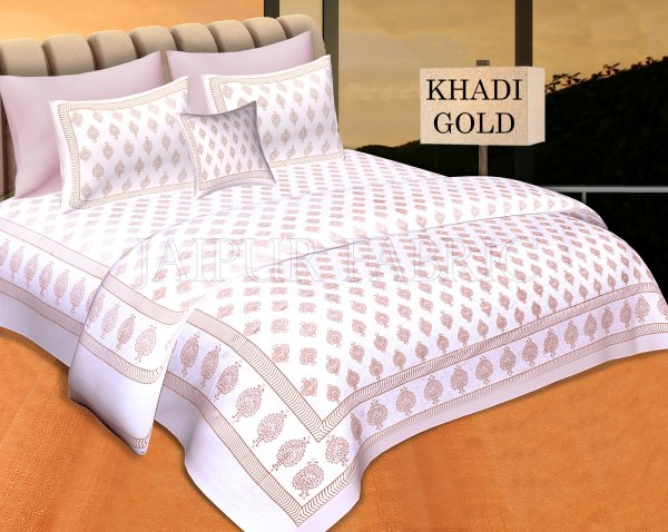 White Base With Golden hand Block Print Double Cotton Bed Sheet