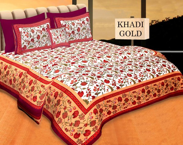 Cream Base Red Border Golden Floral Print Cotton Double Bed Sheet