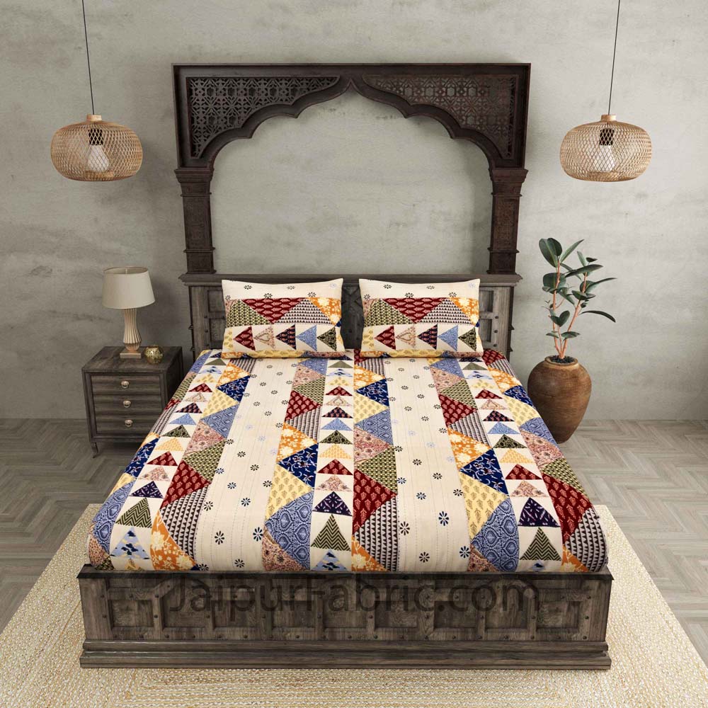 Barmeri Pastel Twill Cotton  Double Bedsheet With Colorful Patchwork Design