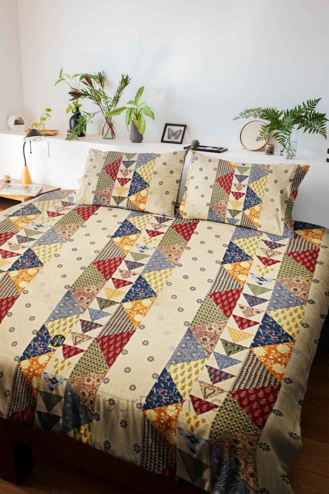 Barmeri Pastel Twill Cotton  Double Bedsheet With Colorful Patchwork Design