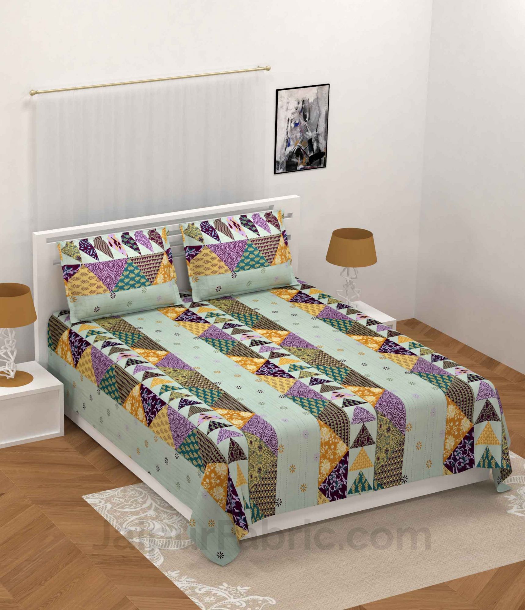 Pista Green Twill Cotton  Double Bedsheet With Colorful Patchwork Design
