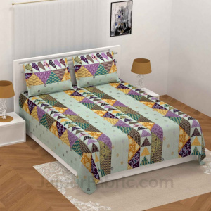 Pista Green Twill Cotton  Double Bedsheet With Colorful Patchwork Design