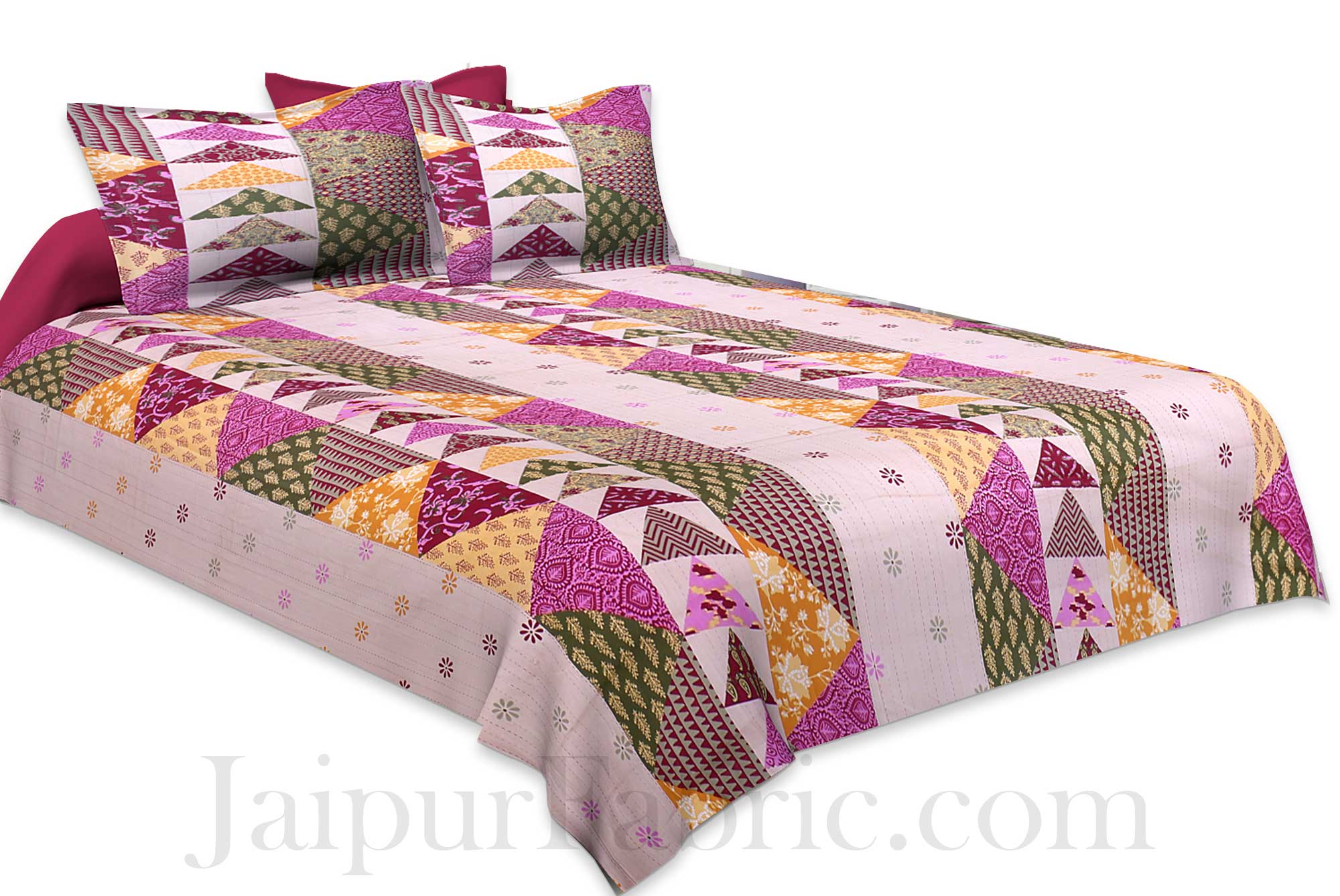 olive Twill Cotton  Double Bedsheet With Colorful Patchwork Design