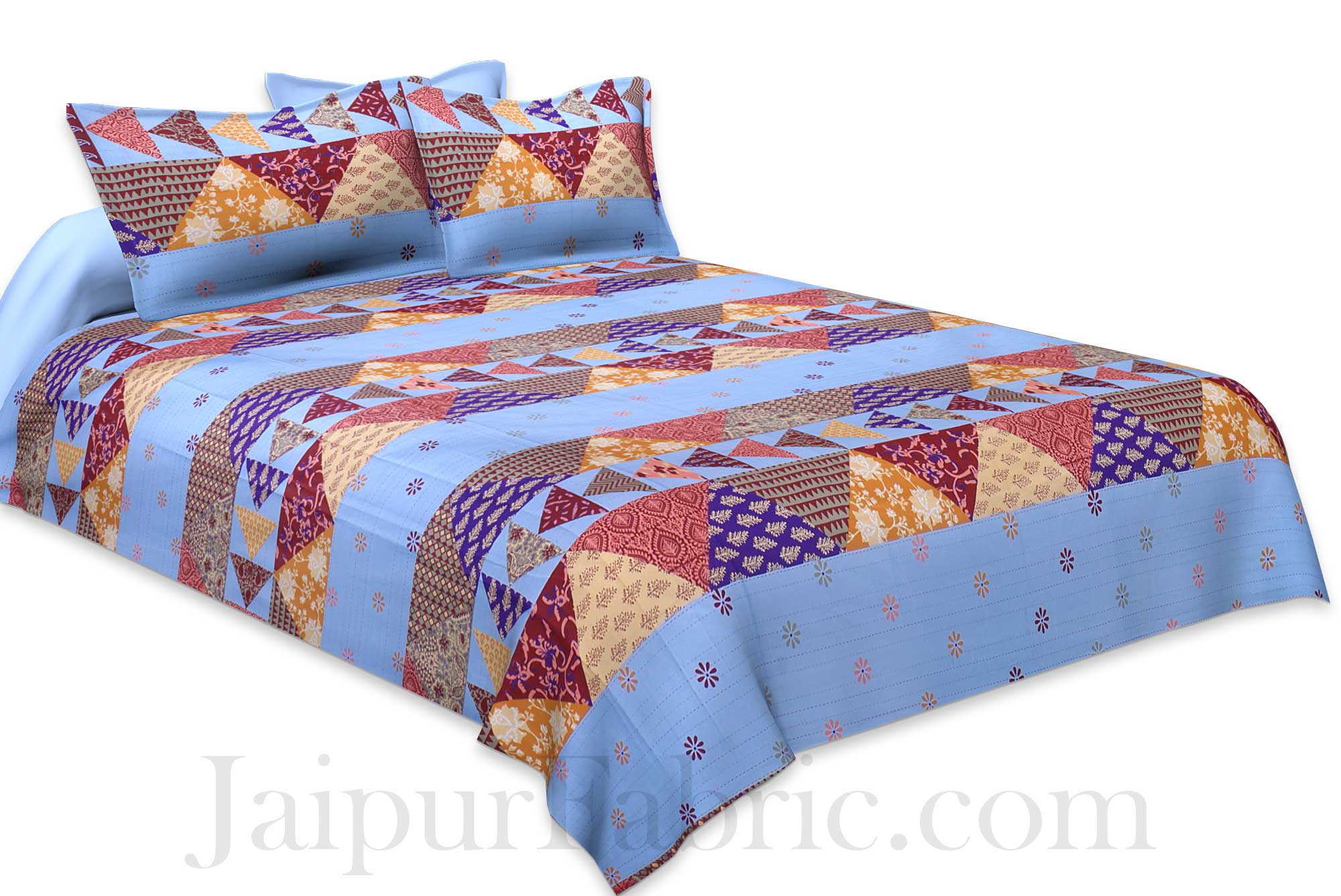 Blues Twill Cotton  Double Bedsheet With Colorful Patchwork Design