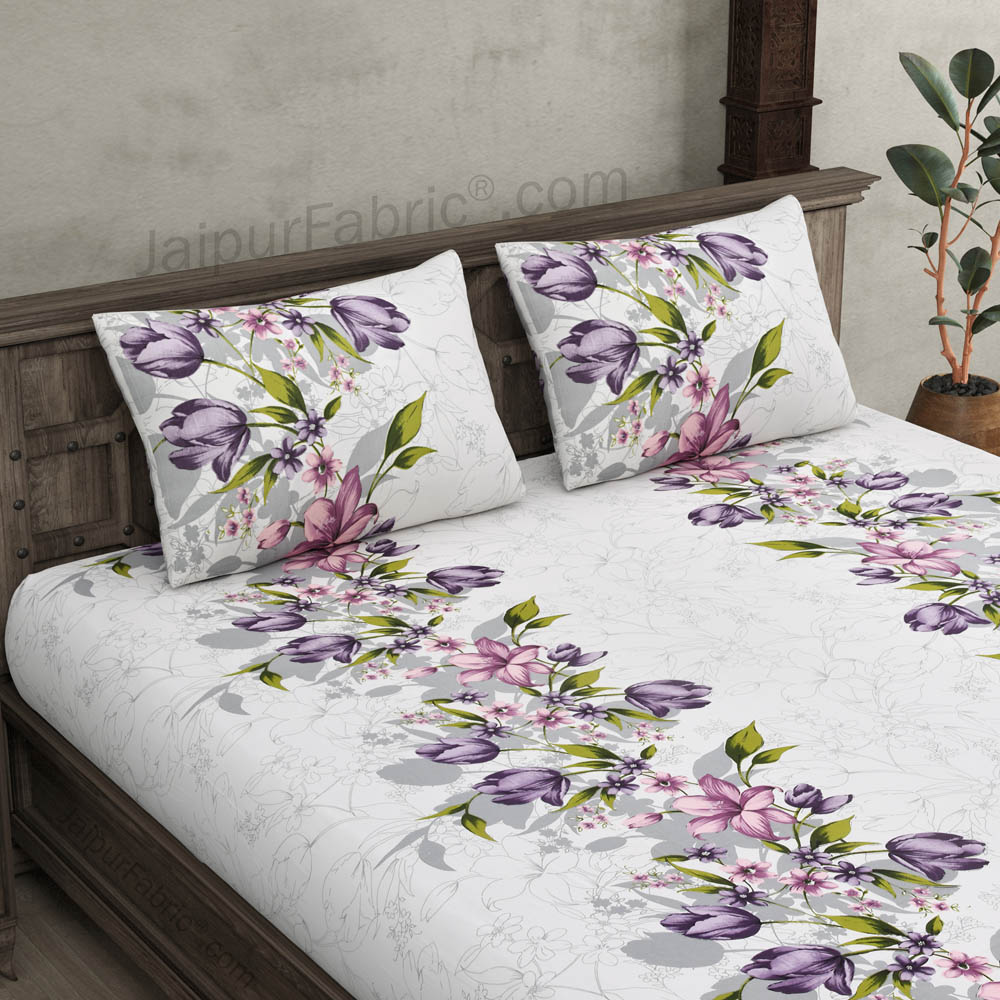 Double Bedsheet Twill Cotton Lilac Purple Floral Motif Print