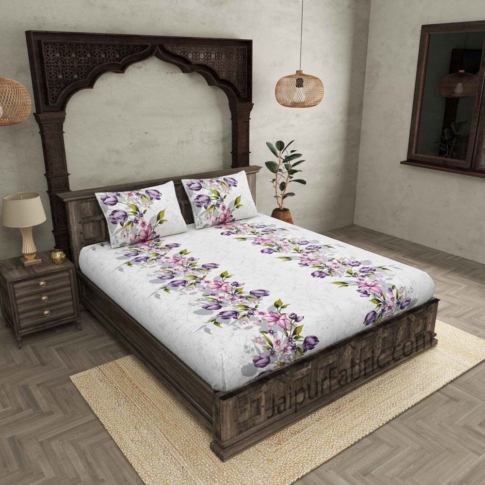 Double Bedsheet Twill Cotton Lilac Purple Floral Motif Print