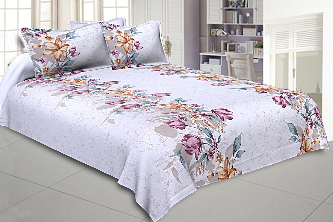 Double Bedsheet Twill Cotton Fuchsia Pink Floral Motif Print
