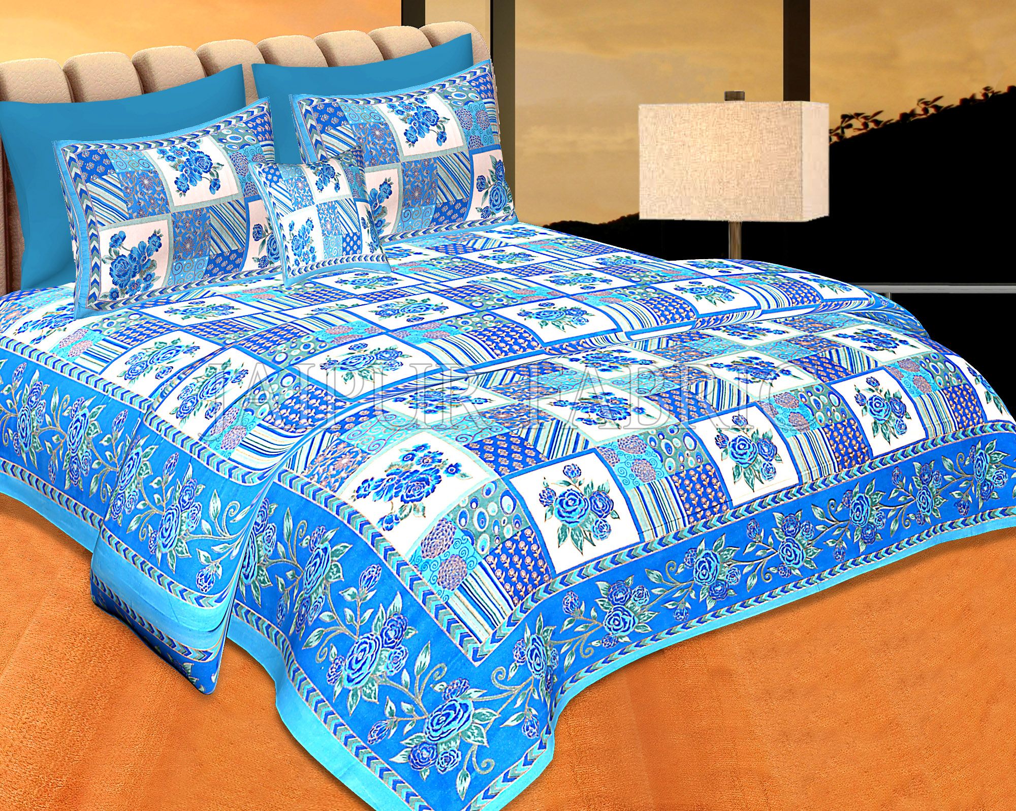 Blue Color Golden Floral Print Square Design Cotton Double Bed Sheet