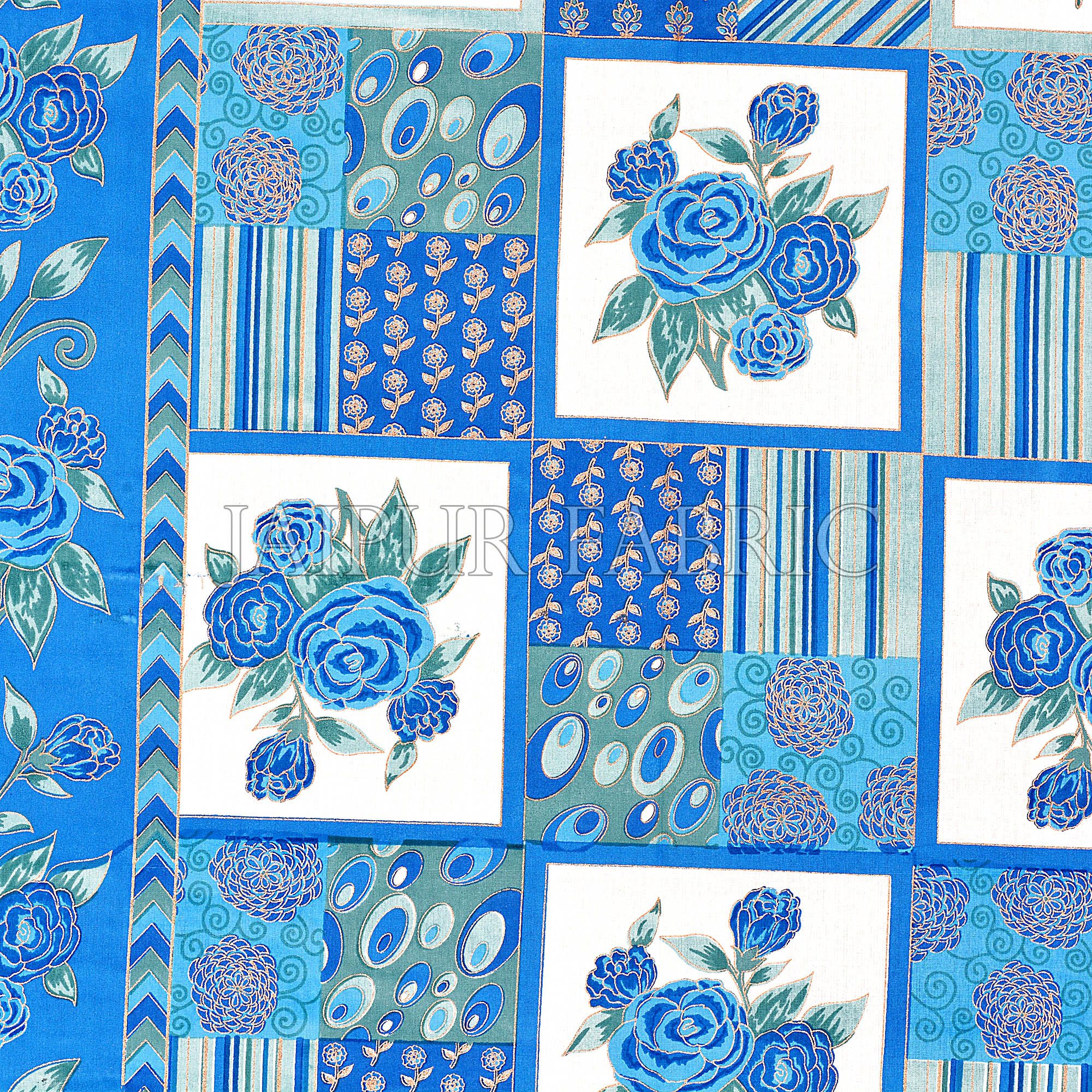 Blue Color Golden Floral Print Square Design Cotton Double Bed Sheet