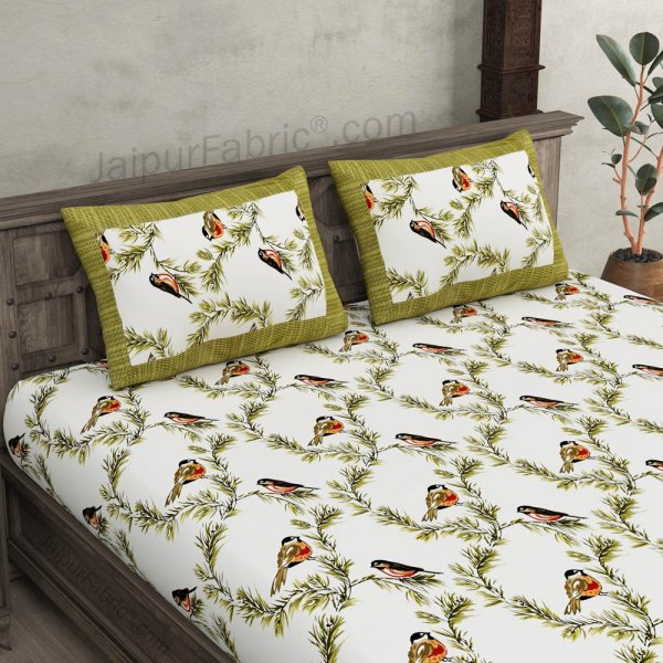 Pure Cotton 240 TC Double bedsheet indian bird print green