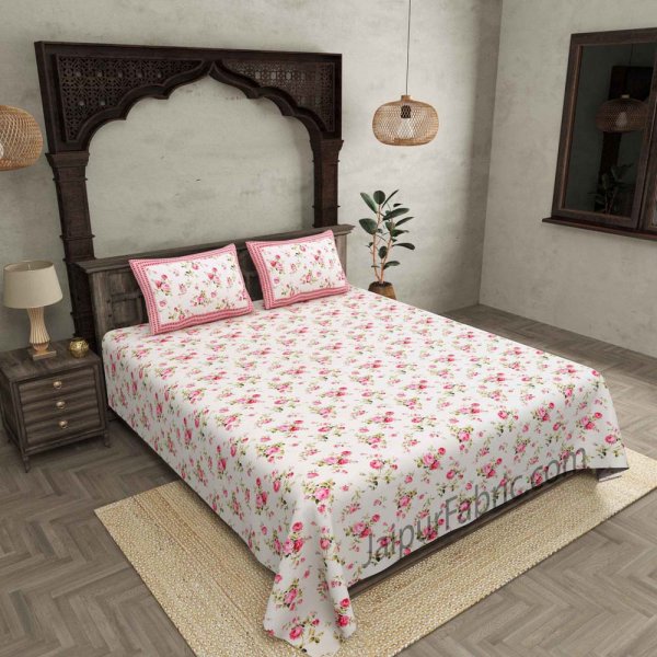 Pure Cotton 240 TC Double bedsheet in pink bouquet print