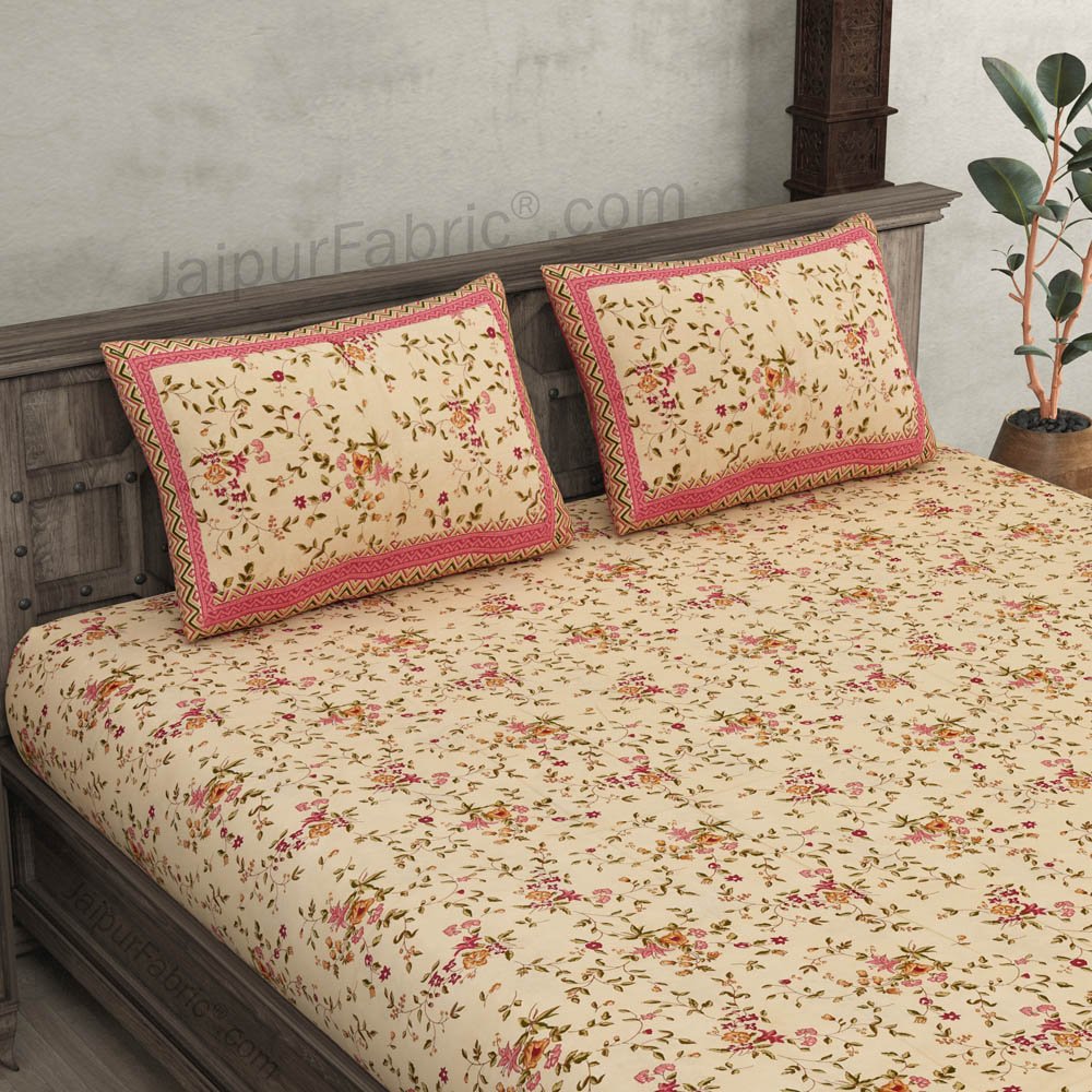 Pure Cotton 240 TC Double bedsheet cream floral motif print